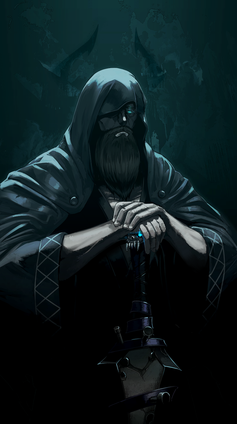 1boy, alternate_design, alternate_facial_hair, beard, blue_eyes, c-potato, cloak, expressionless, facial_hair, fate/grand_order, fate_(series), glowing, glowing_eye, glowing_weapon, highres, hood, hood_up, horns, king_hassan_(fate/grand_order), light, long_sleeves, looking_at_viewer, male_focus, old, old_man, one_eye_covered, own_hands_together, planted_sword, planted_weapon, skull, solo, spoilers, sword, upper_body, weapon