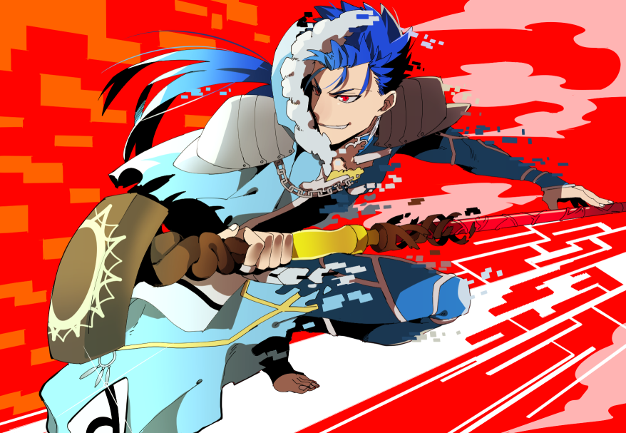 1boy, armor, blue_hair, bodysuit, capelet, chain, closed_mouth, cu_chulainn_(fate)_(all), cu_chulainn_(fate/grand_order), earrings, fate/grand_order, fate/stay_night, fate_(series), fur-trimmed_hood, fur_trim, gae_bolg, grin, harem_pants, holding, holding_polearm, holding_staff, holding_weapon, hood, hood_up, hooded_capelet, jewelry, kystktstura, lancer, long_hair, looking_to_the_side, male_focus, multiple_persona, pants, pauldrons, polearm, ponytail, red_eyes, shoulder_armor, skin_tight, smile, solo, spiky_hair, staff, toeless_legwear, transformation, type-moon, weapon, wooden_staff