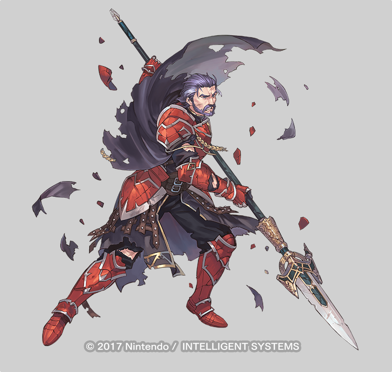 1boy, armor, aureolin31, beard, belt, black_pants, brown_belt, buckle, cape, commentary_request, damaged, duessel_(fire_emblem), facial_hair, fire_emblem, fire_emblem:_the_sacred_stones, fire_emblem_heroes, frown, full_body, gauntlets, gold_trim, greaves, grey_background, grey_hair, holding, holding_weapon, injury, multicolored_hair, mustache, official_art, pants, pauldrons, polearm, purple_cape, purple_shirt, red_armor, serious, shirt, shoulder_armor, simple_background, spear, teeth, torn_cape, torn_clothes, torn_pants, two-tone_hair, watermark, weapon, white_hair, wrinkles