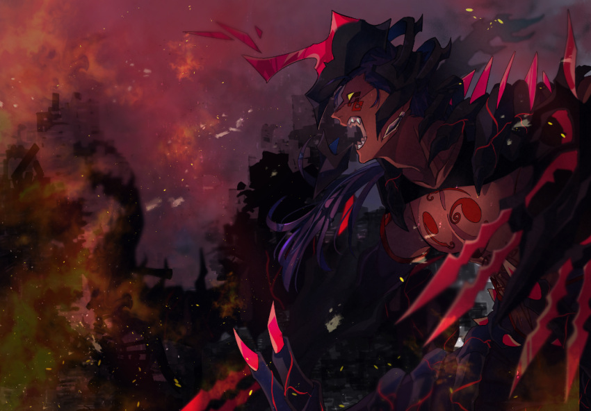 1boy, angry, blue_hair, bodypaint, claw_(weapon), cu_chulainn_(fate)_(all), cu_chulainn_alter_(fate/grand_order), curruid_coinchenn, dark_blue_hair, dark_persona, earrings, facepaint, fate/grand_order, fate_(series), fire, jewelry, kystktstura, long_hair, male_focus, monster_boy, muscle, ponytail, sharp_teeth, shirtless, solo, spikes, tail, teeth, type-moon, weapon
