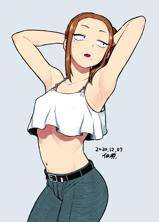 1girl, armpits, arms_behind_head, belt, black_eyes, breasts, brown_hair, forehead, grey_background, komi-san_wa_komyushou_desu, midriff, mole, mole_under_eye, mole_under_mouth, navel, onemine_nene, open_mouth, simple_background, solo, tsukudani_(coke-buta)