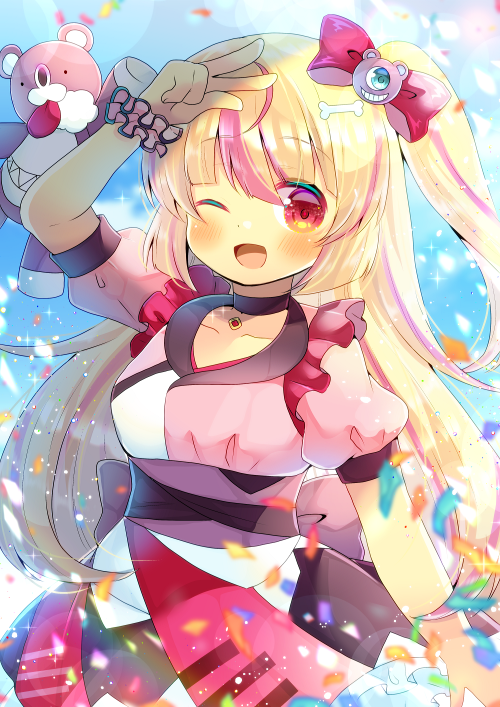 1girl, ;d, arm_up, ashley_taylor, bangs, black_choker, blonde_hair, blush