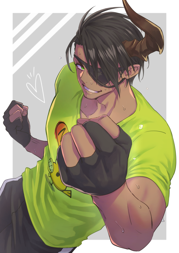 1boy, aion_kiu, aragami_ouga, black_hair, dark_skin, dark_skinned_male, eyepatch, fingerless_gloves