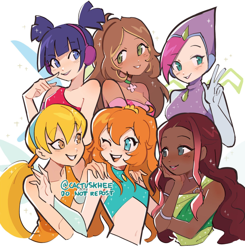 6+girls, blonde_hair, bloom_(winx_club), brown_hair, dark_skin, earmuffs, fairy, fairy_wings, flora_(winx_club), highres, khee, layla_(winx_club), multiple_girls, musa_(winx_club), one_eye_closed, orange_hair, pink_hair, purple_hair, redhead, stella_(winx_club), tecna_(winx_club), twitter_username, wings, winx_club