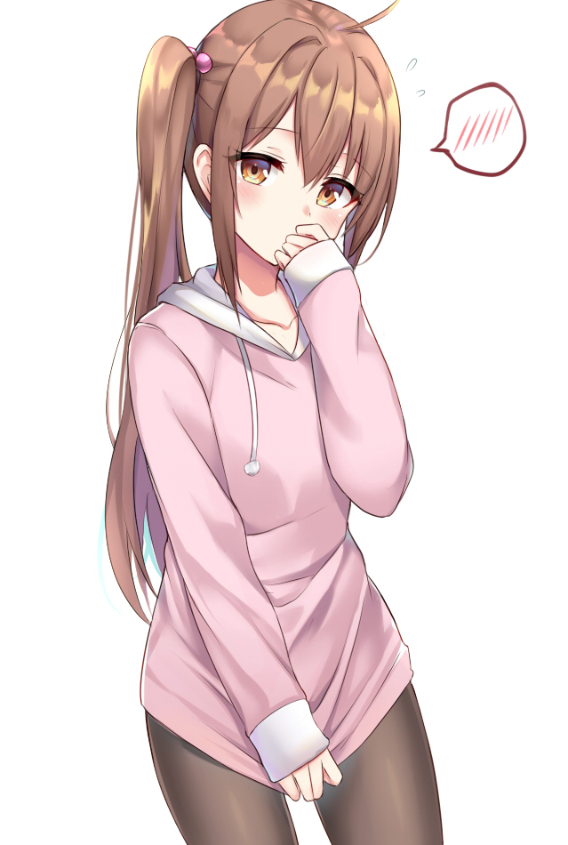 1girl, ahoge, bangs, blush, brown_eyes, brown_hair, brown_legwear, collarbone