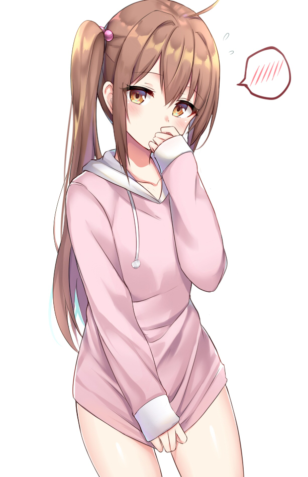 1girl, ahoge, bangs, blush, brown_eyes, brown_hair, collarbone, commentary_request, covering, covering_crotch, drawstring, eyebrows_visible_through_hair, flying_sweatdrops, hair_between_eyes, hair_bobbles, hair_intakes, hair_ornament, hand_up, hood, hood_down, hoodie, hoodie_tug, long_hair, long_sleeves, looking_at_viewer, original, pink_hoodie, side_ponytail, sidelocks, simple_background, sleeves_past_wrists, solo, spoken_blush, very_long_hair, wasami_(a27678193a), white_background