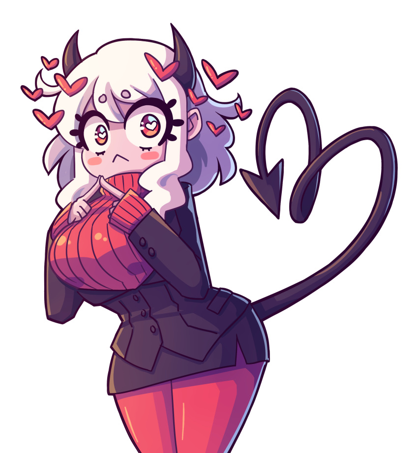 1girl, :<, absurdres, black_horns, black_tail, blush, blush_stickers, chibi, daigada, demon_girl, demon_horns, demon_tail, english_commentary, formal, heart, heart-shaped_pupils, heart_tail, helltaker, highres, horns, modeus_(helltaker), pantyhose, red_eyes, red_legwear, red_sweater, ribbed_sweater, short_hair, simple_background, sweater, symbol-shaped_pupils, tail, turtleneck, turtleneck_sweater, white_background, white_hair