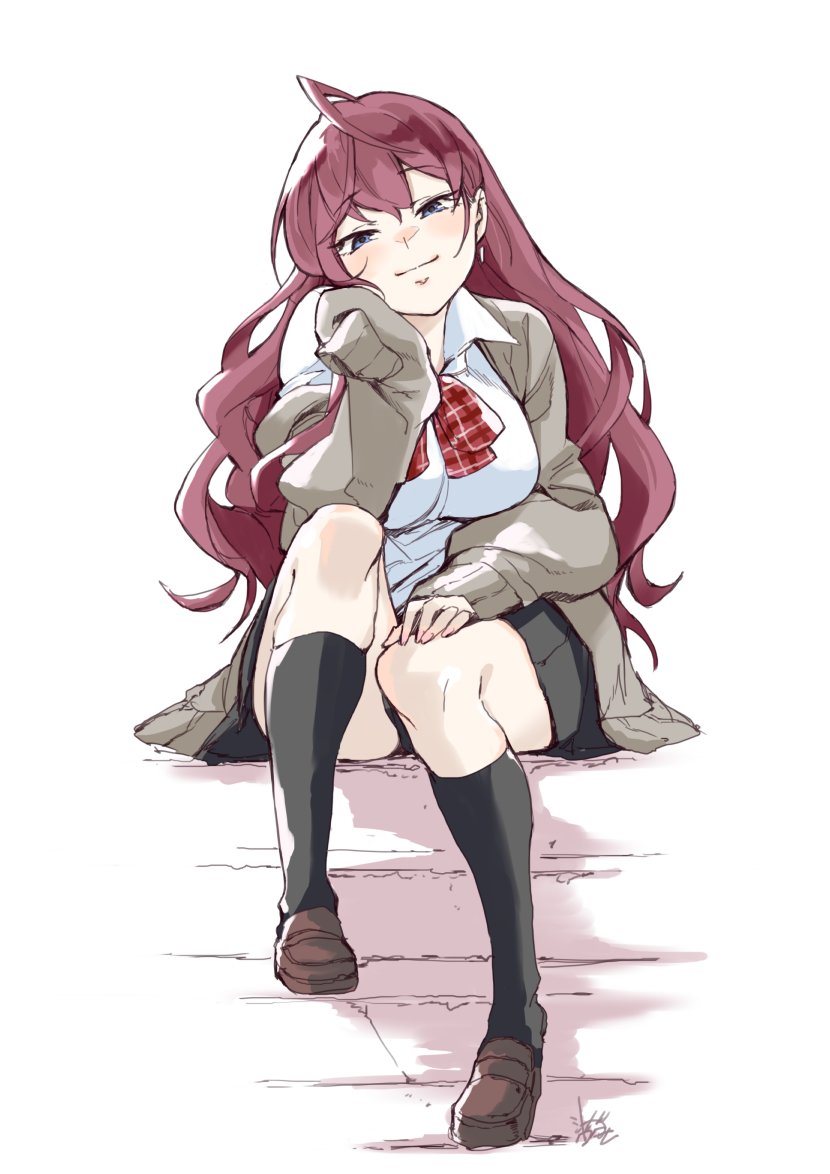 1girl, ahoge, black_legwear, black_skirt, blue_eyes, blush, brown_footwear, closed_mouth, eyebrows_visible_through_hair, fingernails, hair_between_eyes, ichinose_shiki, idolmaster, idolmaster_cinderella_girls, long_hair, mitogawawataru, plaid, plaid_neckwear, purple_hair, signature, sitting, skirt, sleeves_past_fingers, sleeves_past_wrists, smile, solo
