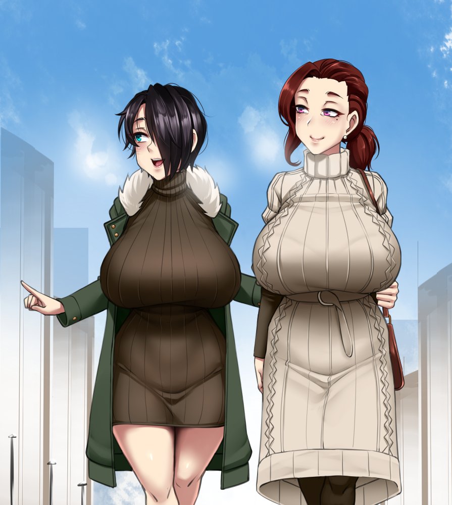 2girls, aqua_eyes, ayako_(twrlare), bag, black_hair, blue_sky, blush, breasts