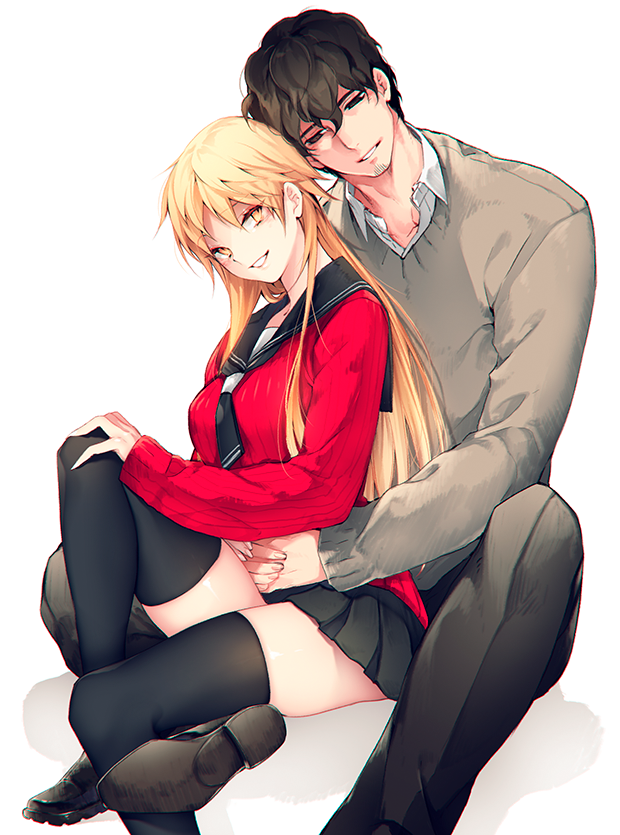 1boy, 1girl, alpha_signature, bangs, black_eyes, black_footwear, black_hair, black_legwear, black_pants, black_sailor_collar, black_skirt, blonde_hair, breasts, collar, collarbone, collared_shirt, commentary_request, couple, eyebrows_visible_through_hair, facial_hair, genderswap, genderswap_(mtf), grey_sweater, hair_between_eyes, hetero, hug, hug_from_behind, izumi_kouhei, large_breasts, long_hair, long_sleeves, looking_at_viewer, looking_down, open_mouth, pants, parted_lips, pepper_fever, red_sweater, sailor_collar, school_uniform, shirt, shoes, signature, simple_background, sitting, skirt, smile, sweater, tachikawa_kei, thigh-highs, white_background, white_shirt, world_trigger, yellow_eyes, zettai_ryouiki
