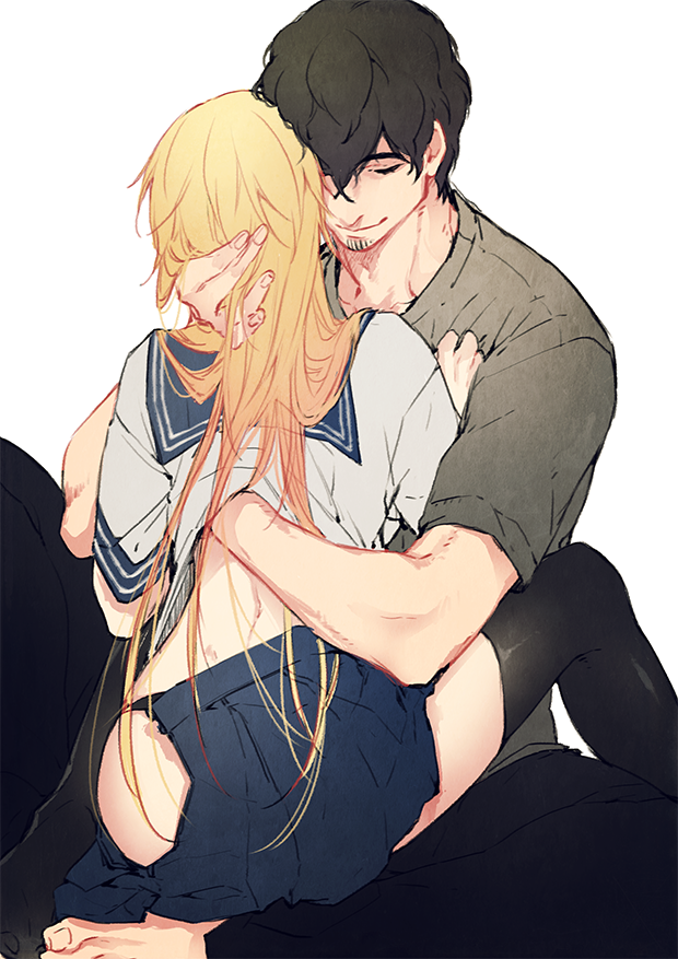 1boy, 1girl, alpha_signature, ass, back, bangs, barefoot, black_legwear
