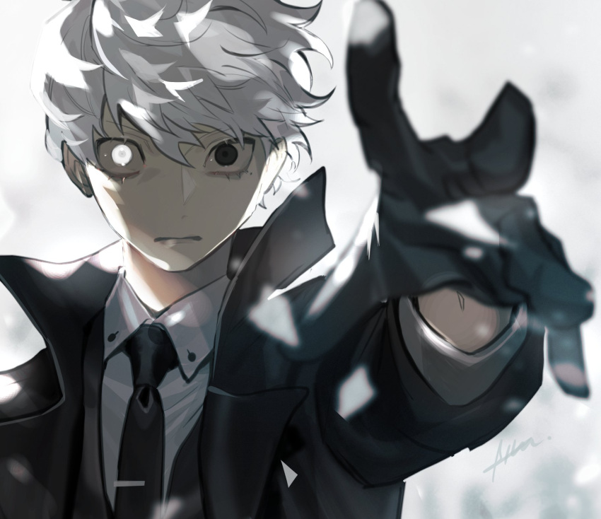 1boy, black_coat, black_eyes, black_gloves, black_neckwear, btmr_game, closed_fan, coat