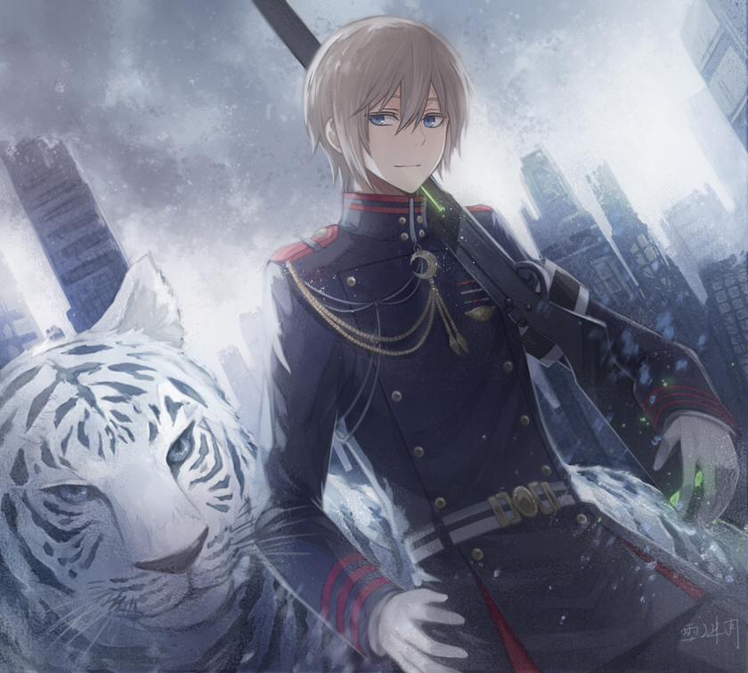1boy, angel31424, animal, bangs, black_jacket, blue_eyes, building, cowboy_shot