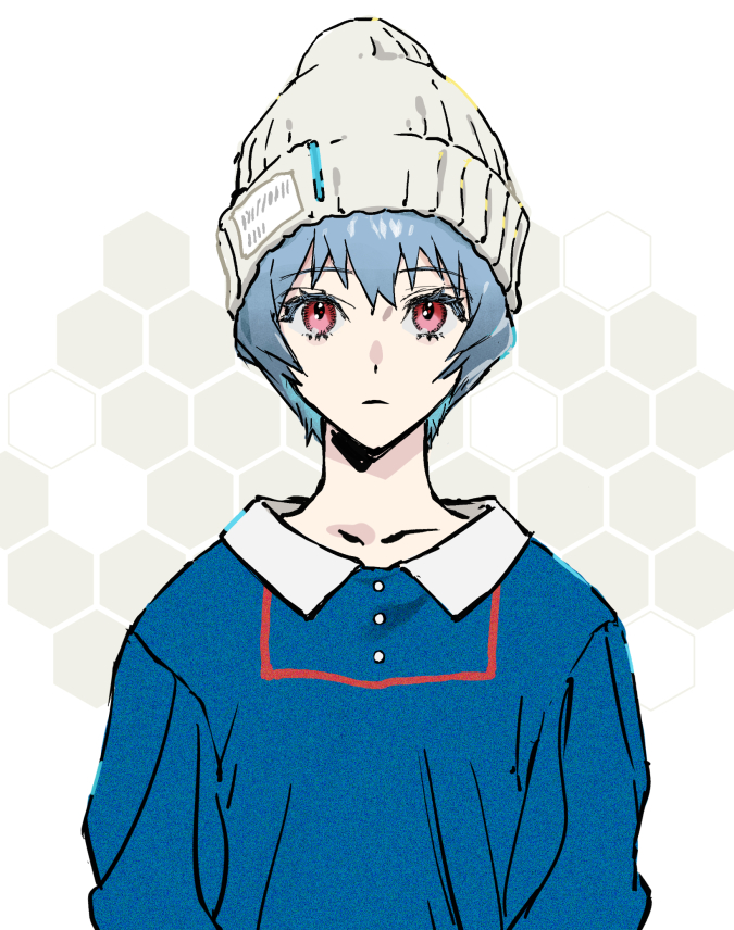 1girl, ayanami_rei, beanie, blue_hair, blue_shirt, casual, closed_mouth, expressionless, grey_headwear, hat, looking_at_viewer, neon_genesis_evangelion, red_eyes, sankomichi, shirt, short_hair, solo, upper_body
