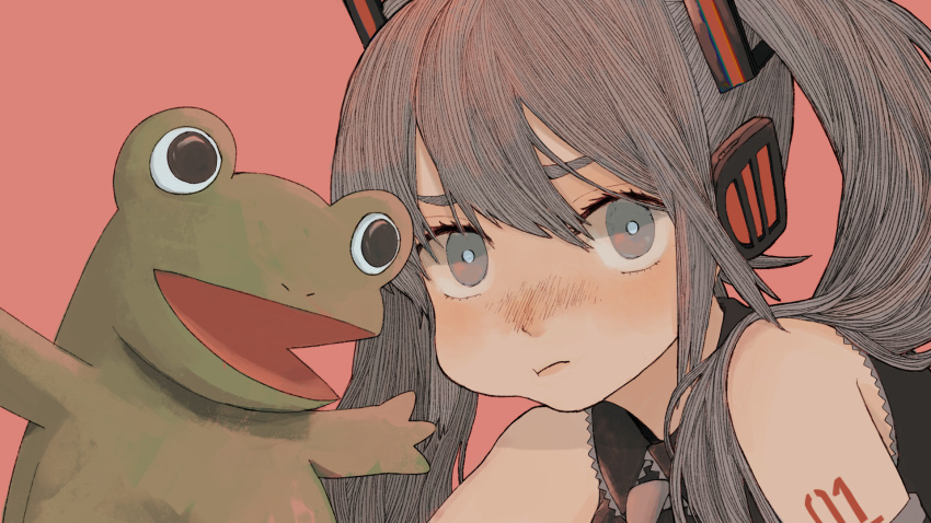 1girl, :t, bangs, bare_shoulders, blue_eyes, blush, bright_pupils, character_request, closed_mouth, commentary_request, detached_sleeves, face, frog, grey_eyes, grey_hair, hair_between_eyes, hair_ornament, hatsune_miku, highres, long_hair, looking_at_viewer, onobane, pout, procreate_(medium), red_background, shirt, shoulder_tattoo, simple_background, sleeveless, tattoo, twintails, vocaloid, wallpaper