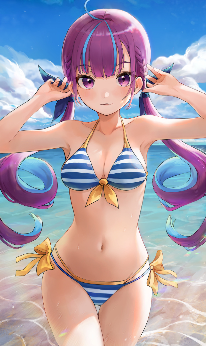 1girl, absurdres, ahoge, bangs, bare_shoulders, beach, bikini, blue_hair