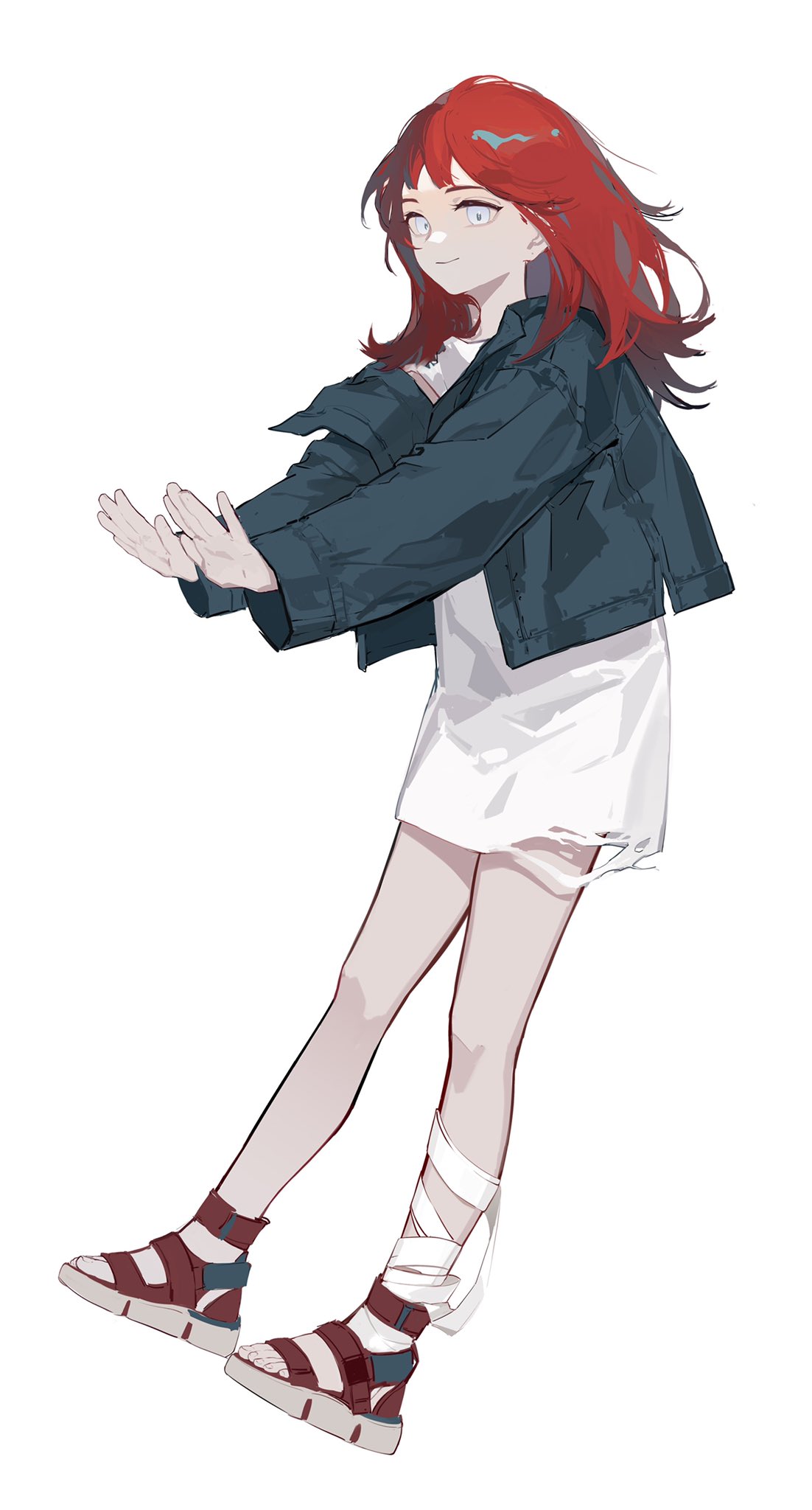 1girl, bandaged_leg, bandages, bangs, closed_mouth, commentary, denim, denim_jacket, dress, from_side, full_body, highres, iris_(user_pskd5754), jacket, long_hair, long_sleeves, looking_at_viewer, messy_hair, open_clothes, original, redhead, sandals, simple_background, smile, solo, standing, symbol_commentary, white_background, white_dress, white_eyes