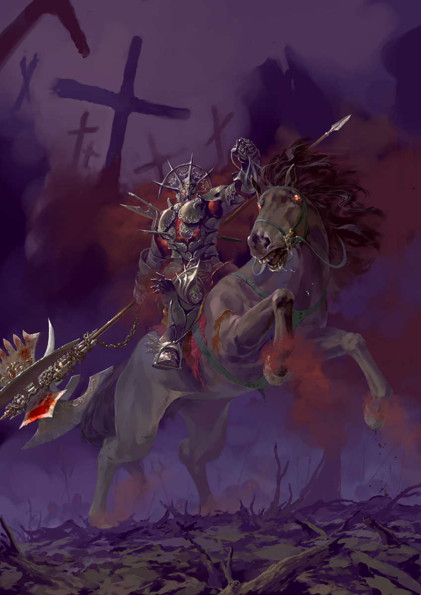 axe, blood, chain, chains, fantasy, graveyard, highres, horse