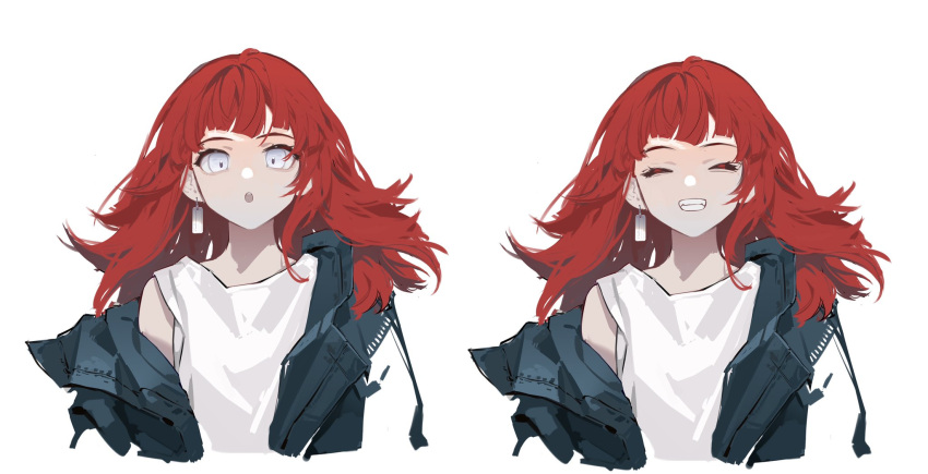 1girl, bangs, clenched_teeth, closed_eyes, commentary, ear_piercing, earrings, highres, iris_(user_pskd5754), jacket, jewelry, long_hair, looking_at_viewer, messy_hair, open_clothes, open_mouth, original, piercing, redhead, shirt, simple_background, sleeveless, sleeveless_shirt, smile, symbol_commentary, teeth, upper_body, white_background, white_eyes, white_shirt