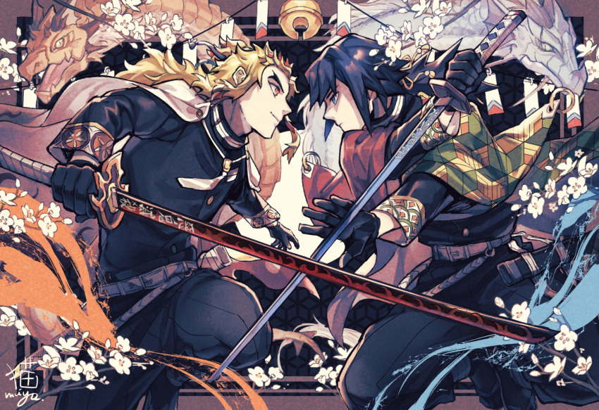 2boys, artist_name, bangs, bell, belt, black_footwear, black_gloves, black_hair, black_jacket, black_pants, blonde_hair, blue_eyes, closed_mouth, dragon, dragon_horns, eastern_dragon, eye_contact, fighting_stance, flower, full_body, gloves, hakama_pants, haori, holding, holding_sword, holding_weapon, horns, jacket, japanese_clothes, katana, kimetsu_no_yaiba, long_hair, long_sleeves, looking_at_another, male_focus, multicolored_hair, multiple_boys, neko_miya, open_mouth, orange_eyes, pants, ponytail, profile, redhead, rengoku_kyoujurou, reverse_grip, sandals, scabbard, sheath, smile, sword, tabi, tomioka_giyuu, two-tone_hair, weapon, white_belt, white_flower