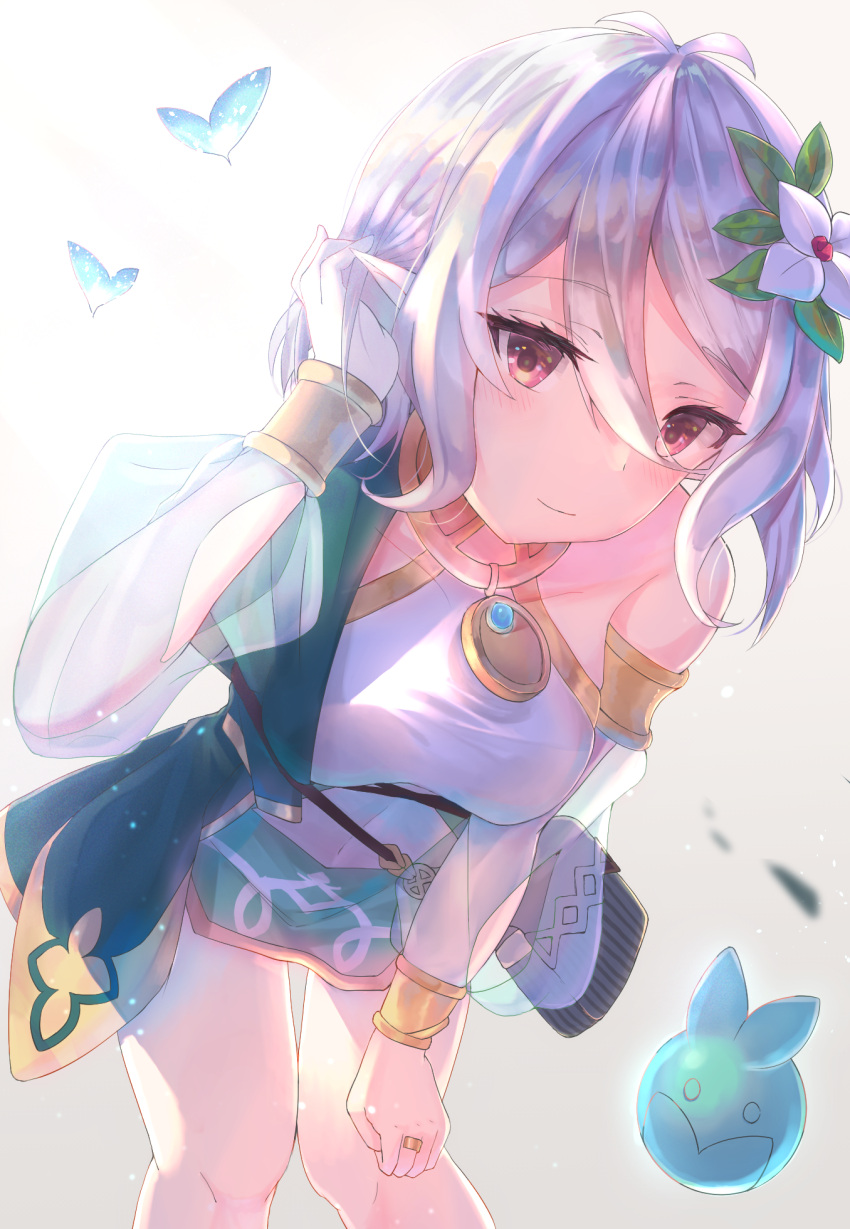 1girl, antenna_hair, bare_legs, blush, detached_sleeves, dress, elf, eyebrows_visible_through_hair, flower, hair_between_eyes, hair_flower, hair_ornament, hair_tucking, highres, jewelry, kokkoro_(princess_connect!), leaning_forward, long_sleeves, looking_at_viewer, pointy_ears, princess_connect!, princess_connect!_re:dive, red_eyes, ring, short_hair, silver_hair, single_bare_shoulder, sleeveless, sleeveless_dress, slime07, smiile, solo, standing, white_background, white_dress