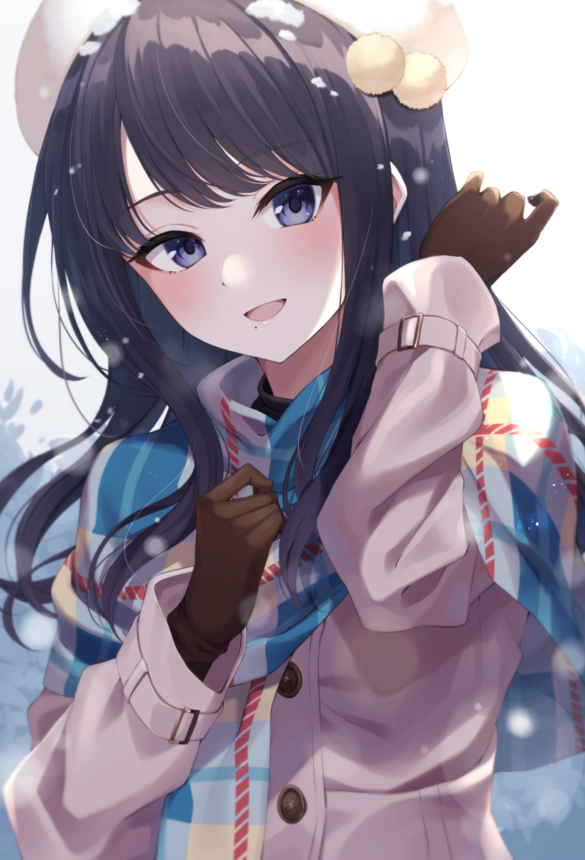 1girl, absurdres, black_hair, blue_eyes, blush, coat, commentary_request, dot_nose, eyebrows_visible_through_hair, gloves, hat, highres, idolmaster, idolmaster_shiny_colors, kazano_hiori, kurousagi_yuu, long_hair, mole, mole_under_mouth, open_mouth, scarf, smile, snow, winter_clothes, winter_coat, winter_gloves