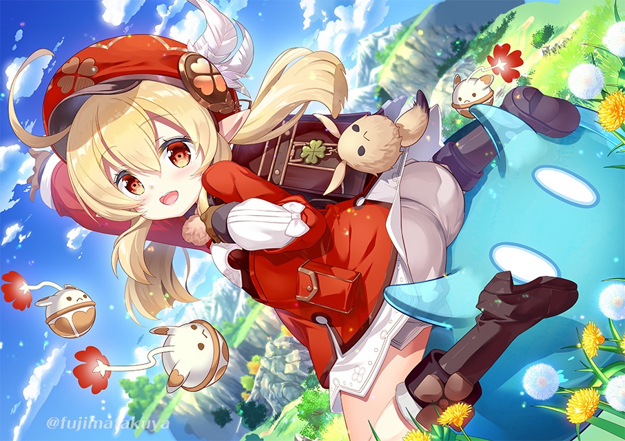 1girl, ahoge, arm_up, blonde_hair, bloomers, blurry, blurry_background, boots