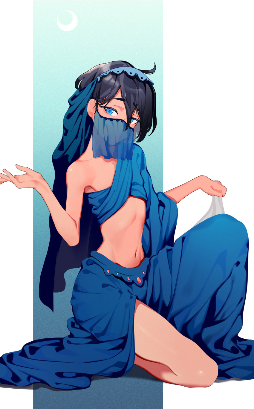 1boy, absurdres, arabian_clothes, black_hair, blue_eyes, crescent_moon, dark_skin, headdress