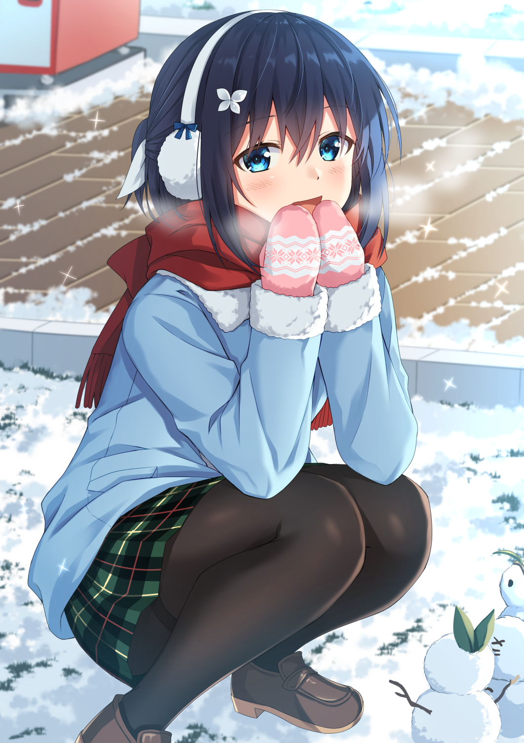 1girl, black_hair, black_legwear, blue_eyes, blush, butterfly_hair_ornament, earmuffs, hair_between_eyes