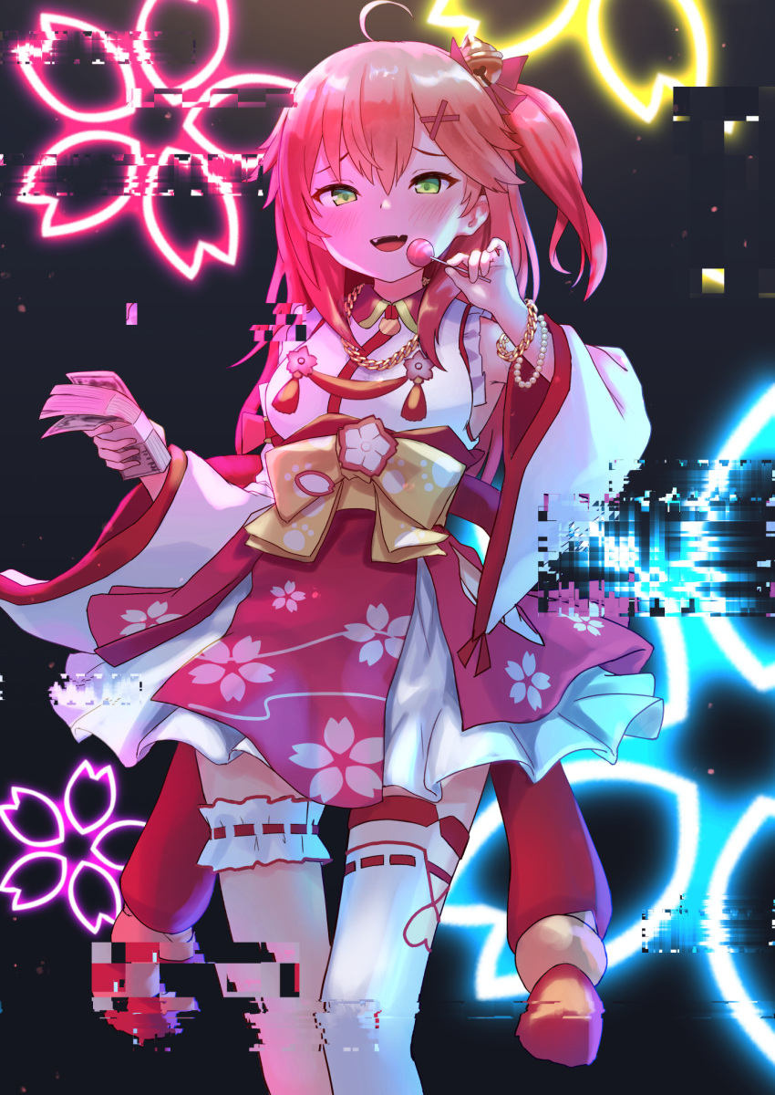 1girl, ahoge, bangs, blush, breasts, candy, chain, chain_necklace