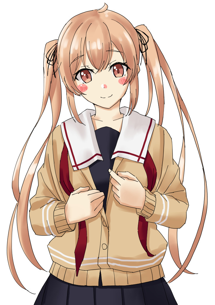 1girl, beige_cardigan, black_serafuku, black_skirt, blush_stickers, brown_eyes, cardigan, cowboy_shot