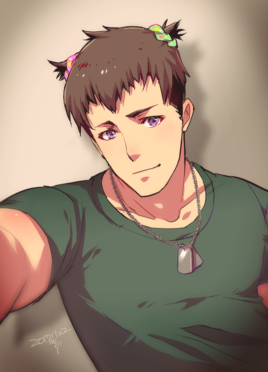 1boy, alternate_costume, brown_hair, casual, green_shirt, hair_ornament, hairclip, idolmaster