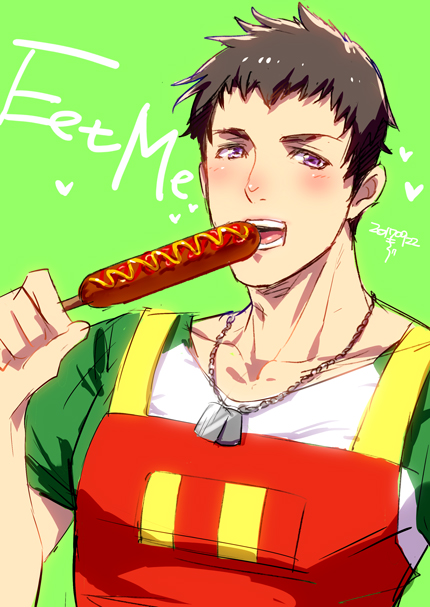 1boy, alternate_costume, apron, blush, brown_hair, collarbone, eating, english_text