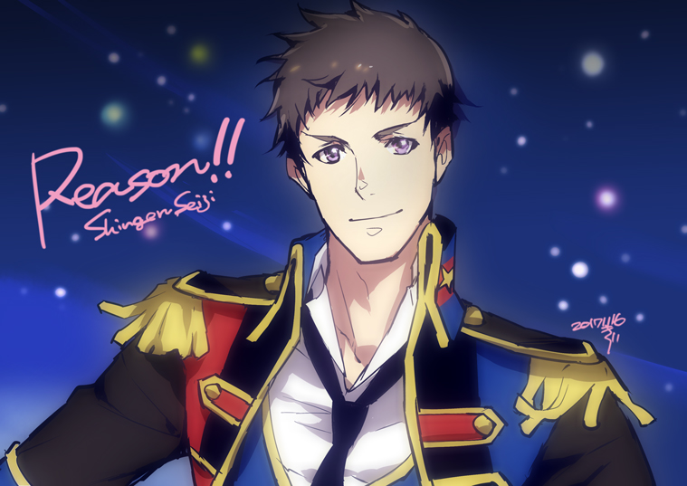 1boy, abs, alternate_costume, black_neckwear, brown_hair, collared_jacket, english_text, epaulettes