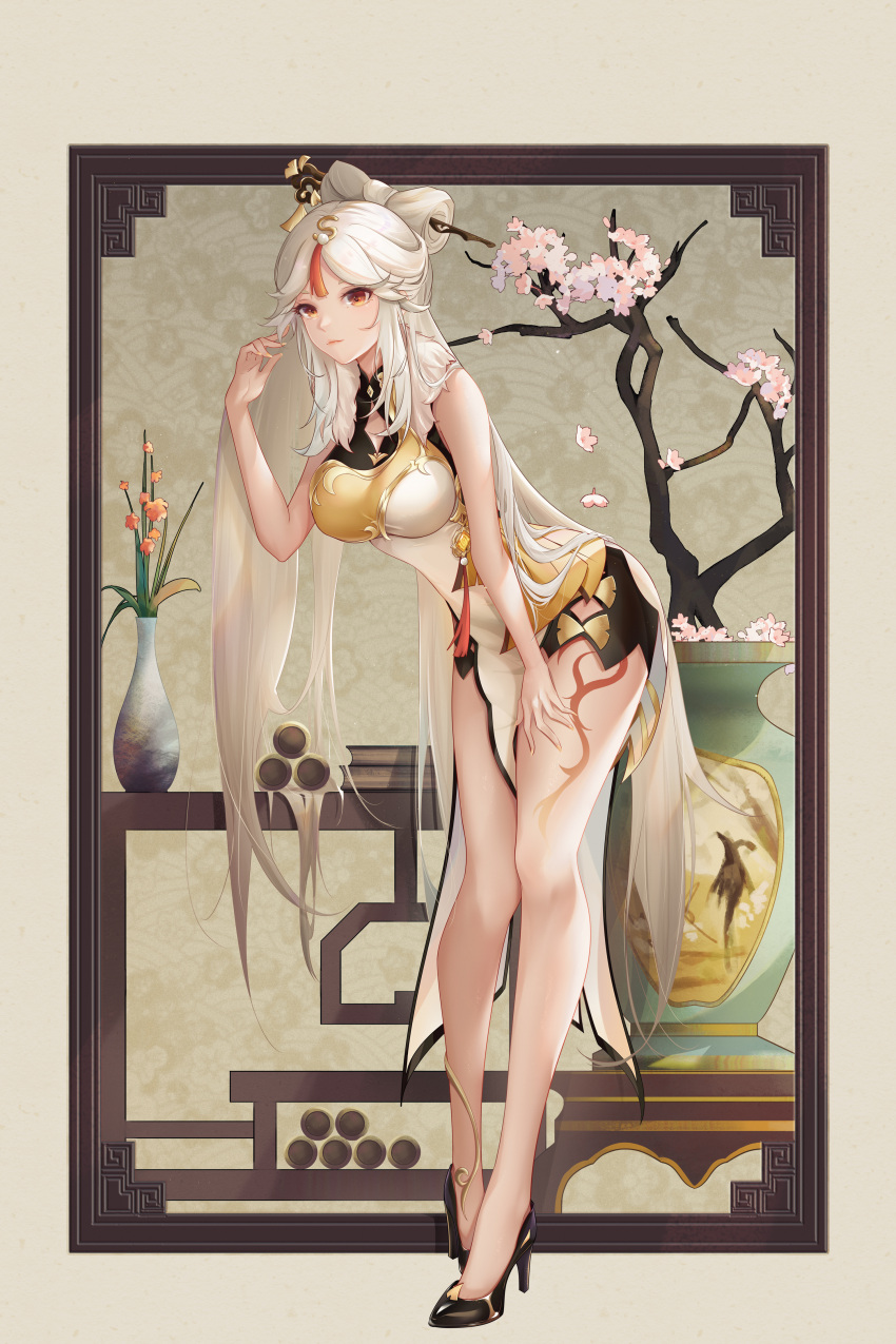 absurdres, bangs, bare_legs, blush, breasts, cherry_blossoms, closed_mouth, commentary_request, dress, full_body, genshin_impact, gold_trim, hair_ornament, hair_stick, hand_on_own_thigh, highres, leaning_forward, long_hair, looking_at_viewer, maruko_le, medium_breasts, multicolored, multicolored_clothes, multicolored_dress, nail_polish, ningguang, orange_nails, outside_border, parted_bangs, pelvic_curtain, picture_frame, red_eyes, silver_hair, sleeveless, sleeveless_dress, smile, standing, tassel, thigh_tattoo, vase, very_long_hair