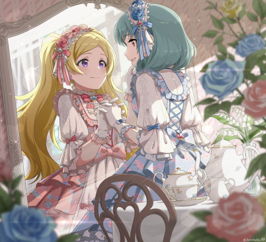 2girls, absurdres, aqua_hair, arm_at_side, back, bangs, blonde_hair, blue_dress