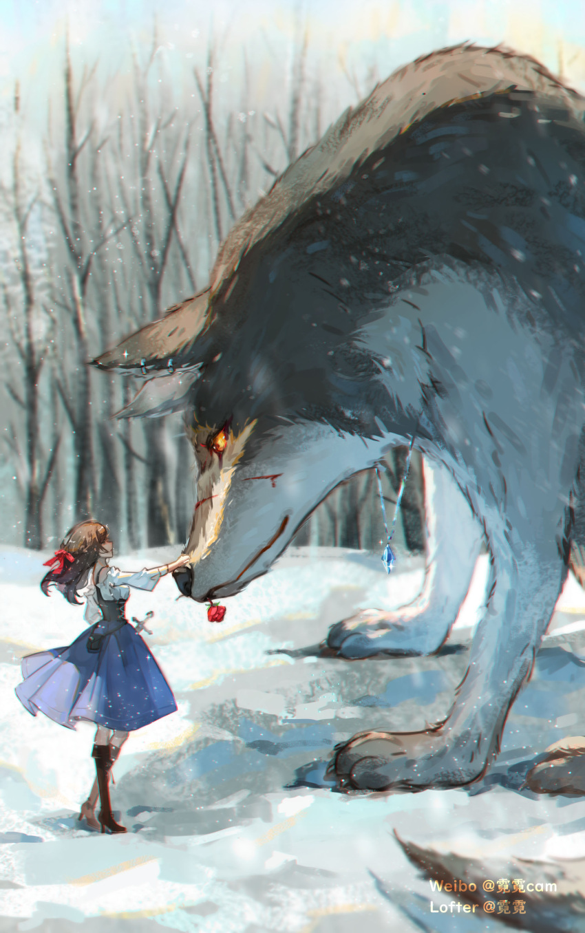 1girl, absurdres, bare_tree, black_footwear, black_hair, bleeding, blood, blue_skirt