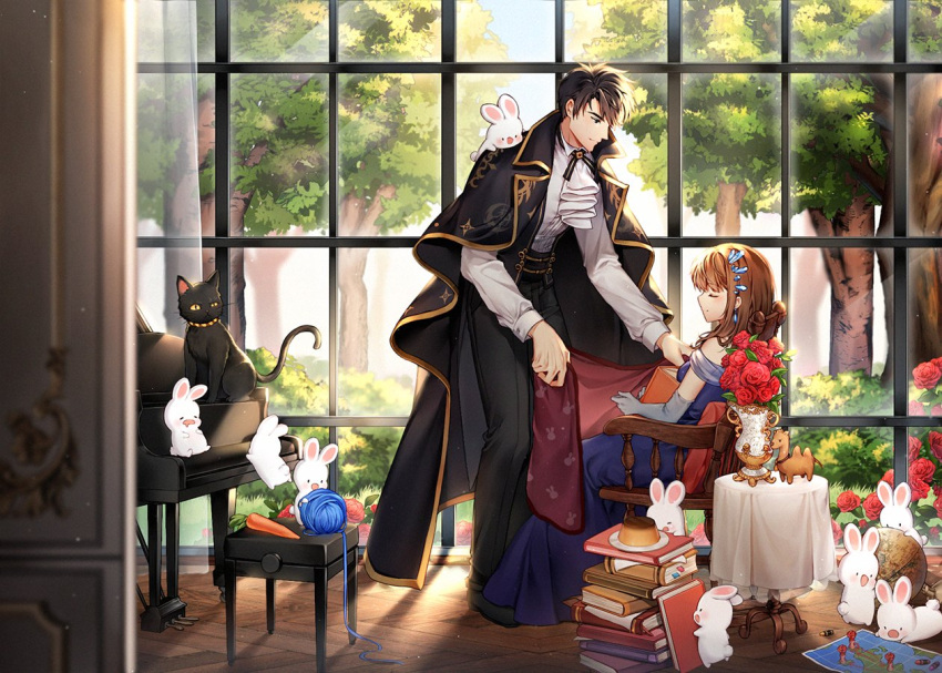 1boy, 1girl, animal_print, black_cat, black_hair, black_pants, blue_dress, book