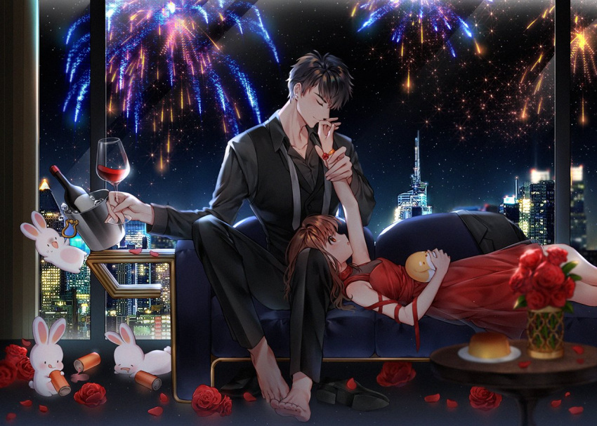 1boy, 1girl, alcohol, arm_up, barefoot, black_hair, black_pants, black_shirt