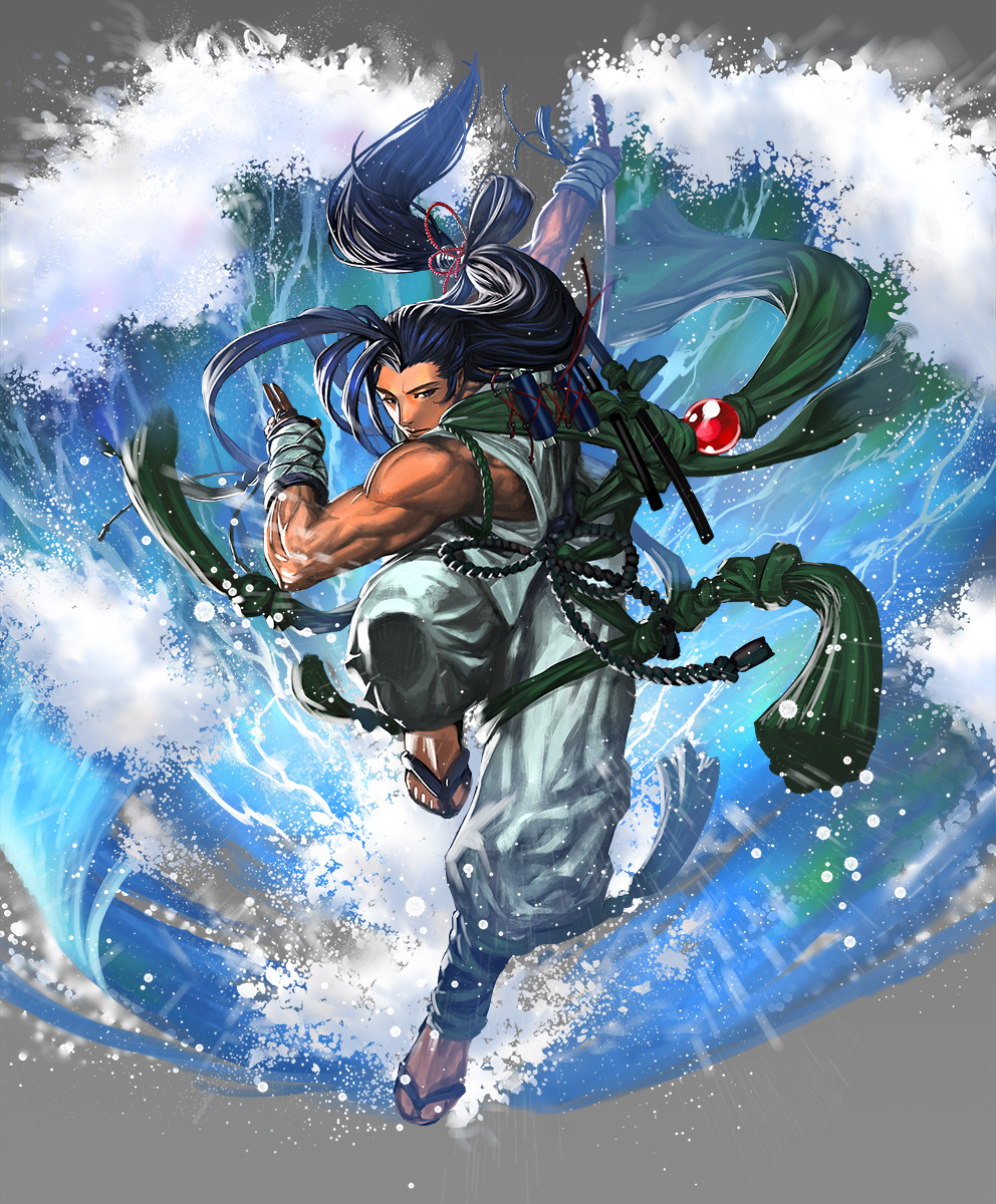 1boy, bare_shoulders, belt, blue_hair, character_request, clean_x, closed_mouth, dark_blue_hair