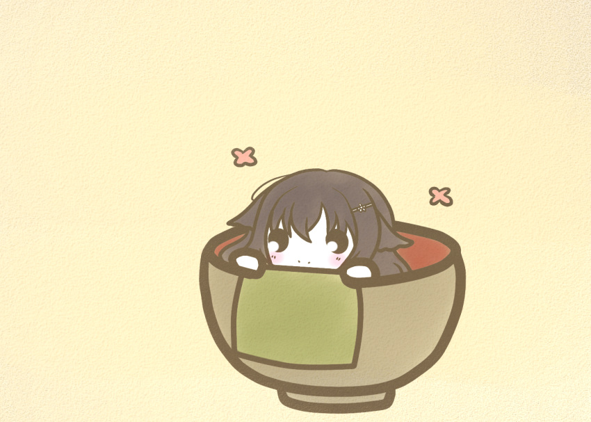1girl, azuma_(azur_lane), azur_lane, chibi, cup, hair_ornament, hairpin, in_container, in_cup, koti, long_hair, purple_hair, simple_background, smile, solo, yellow_background