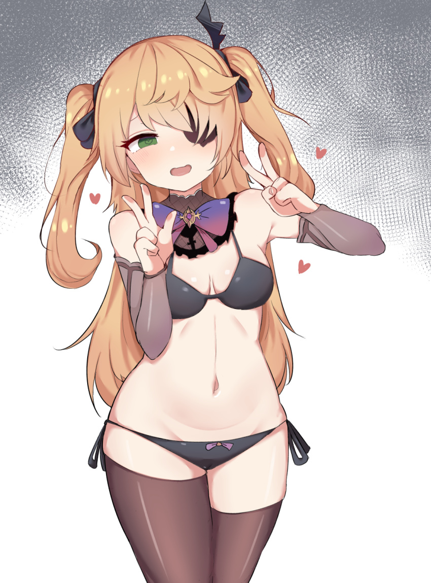 1girl, bare_shoulders, bikini, black_bikini, blonde_hair, bow, bowtie, breasts