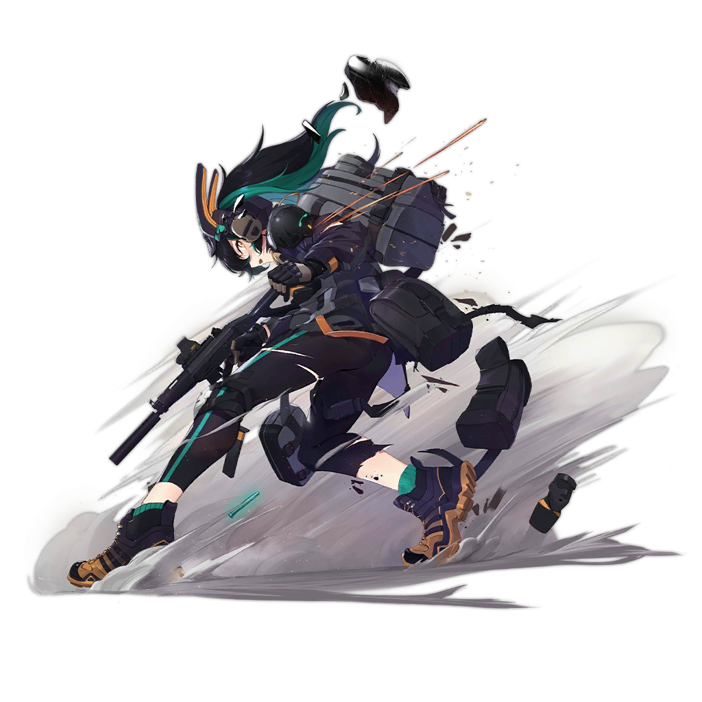 1girl, bangs, black_gloves, black_hair, boots, brown_footwear, damaged, famae_saf, from_side, full_body, girls_frontline, gloves, green_hair, green_legwear, gun, hair_between_eyes, headgear, headphones, holding, holding_gun, holding_weapon, knee_pads, long_hair, long_sleeves, multicolored_hair, official_alternate_costume, official_art, open_mouth, ranyu, saf_(girls_frontline), scope, shoelaces, socks, solo, standing, streaked_hair, submachine_gun, suppressor, torn_clothes, torn_sleeves, transparent_background, twintails, weapon, yellow_eyes