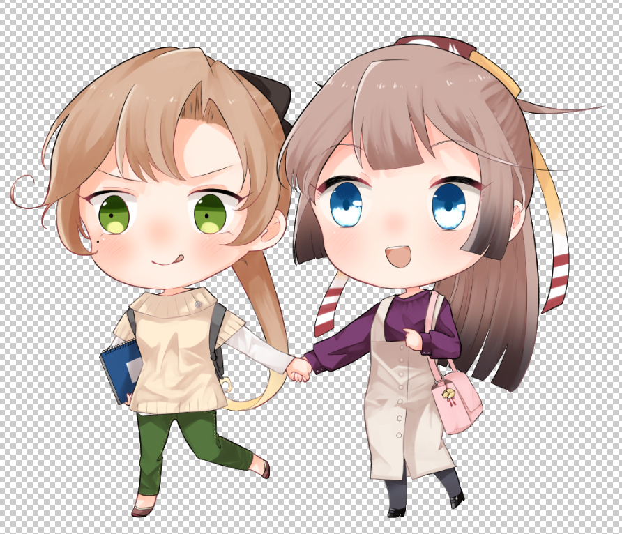 2girls, akigumo_(kantai_collection), backpack, bag, beige_sweater, blue_eyes, brown_dress, brown_eyes, brown_hair, checkered, checkered_background, chibi, commentary_request, dress, full_body, green_eyes, green_pants, gumiko, hair_ribbon, holding_hands, kantai_collection, kazagumo_(kantai_collection), long_hair, mole, mole_under_eye, multiple_girls, official_alternate_costume, pants, ponytail, purple_sweater, ribbon, sketchbook, smile, sweater, tongue, tongue_out