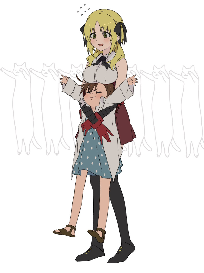 2girls, :d, ahoge, arms_up, bandages, bangs, black_legwear, black_neckwear