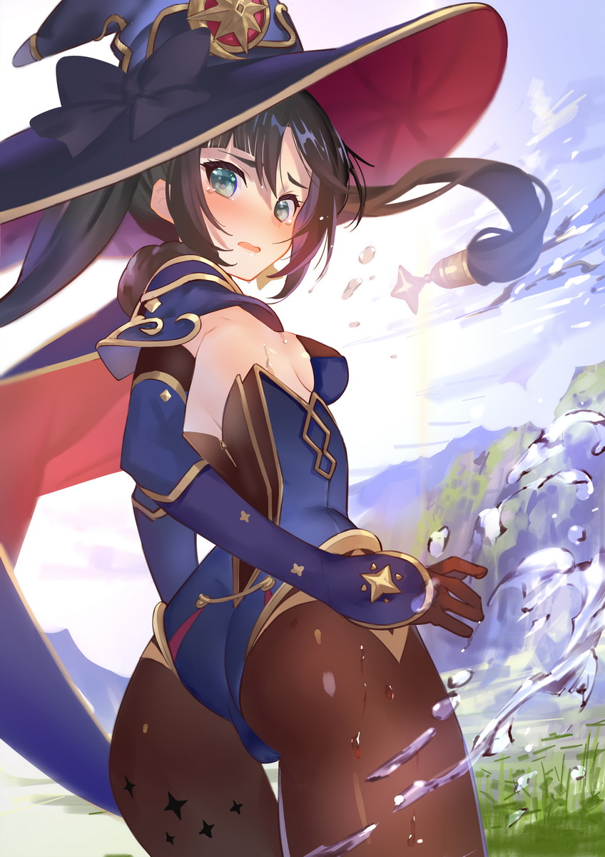1girl, ass, black_hair, black_legwear, blue_headwear, blue_leotard, blush, breasts