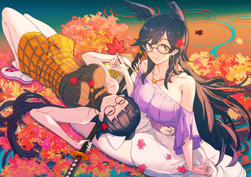2girls, alternate_costume, animal_ear_fluff, animal_ears, asymmetrical_clothes, atago_(azur_lane), autumn_leaves, azur_lane