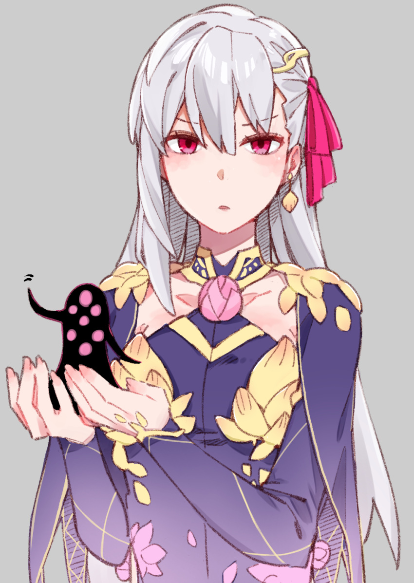 1girl, armlet, armor, bangs, bikini_armor, blush, bracelet, breasts, collar, detached_sleeves, dress, earrings, fate/grand_order, fate/stay_night, fate_(series), flower, hair_ribbon, heaven's_feel, highres, jewelry, kama_(fate/grand_order), long_hair, looking_at_viewer, lotus, medium_breasts, metal_collar, naosuke_(morioka_shachuu), pink_ribbon, purple_dress, purple_sleeves, red_eyes, ribbon, shadow_(fate/stay_night), silver_hair, upper_body