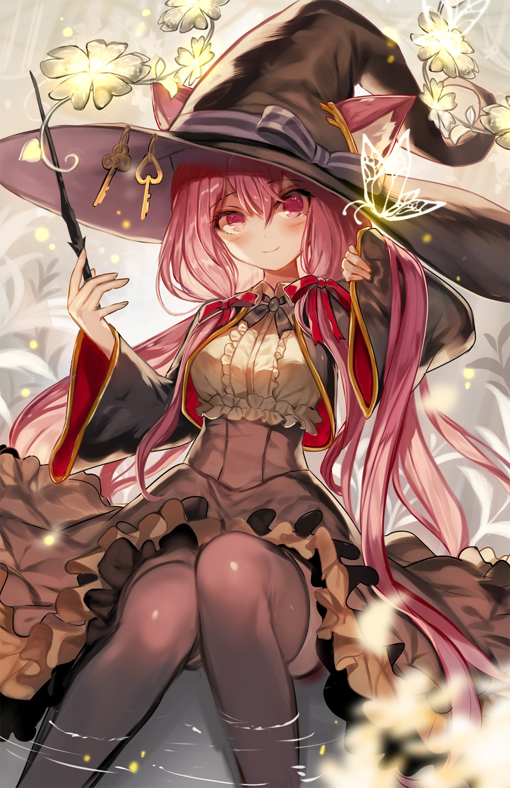 1girl, animal_ear_fluff, animal_ears, bangs, black_headwear, breasts, bug, butterfly