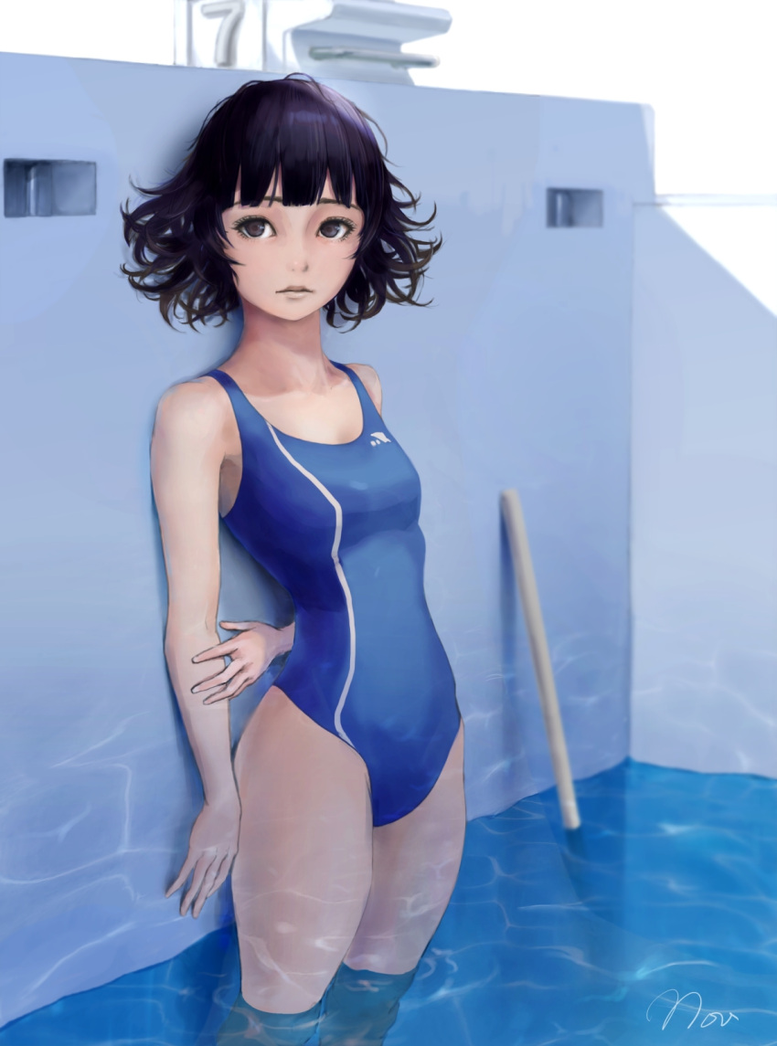1girl, against_wall, arm_behind_back, artist_name, bangs, black_hair, blue_swimsuit, blunt_bangs, breasts, broom, caustics, collarbone, competition_swimsuit, day, expressionless, highres, holding_arm, lips, looking_at_viewer, messy_hair, novgorod3000, one-piece_swimsuit, original, outdoors, pool, revision, shade, short_hair, small_breasts, solo, standing, starting_block, swimsuit, wading, water